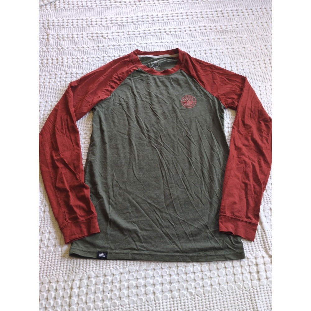Mons Royale Merino Long Sleeve Shirt Size Small Mens Green Burnt Orange Crew